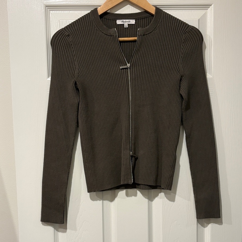 Madewell Ribbed Zip-Up Sweater in Olive Green